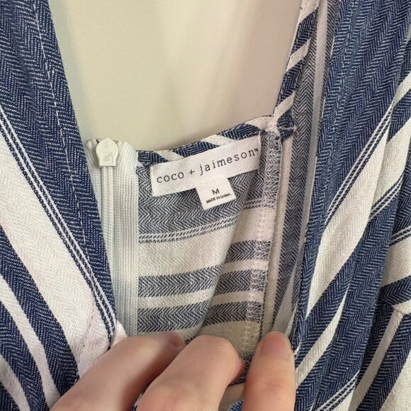 Coco + Jaimeson Linen Blend Tie Striped Blue Open Leg Jumpsuit Size Medium - Picture 7 of 13